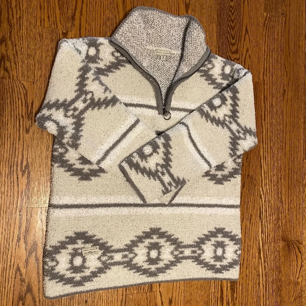 Simply Southern Tan/White/Grey Quarter Zip Pullover MEDIUM